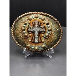 Rustic Cross Belt Buckle – 5x4” Upcycled Pendant, Rhinestones